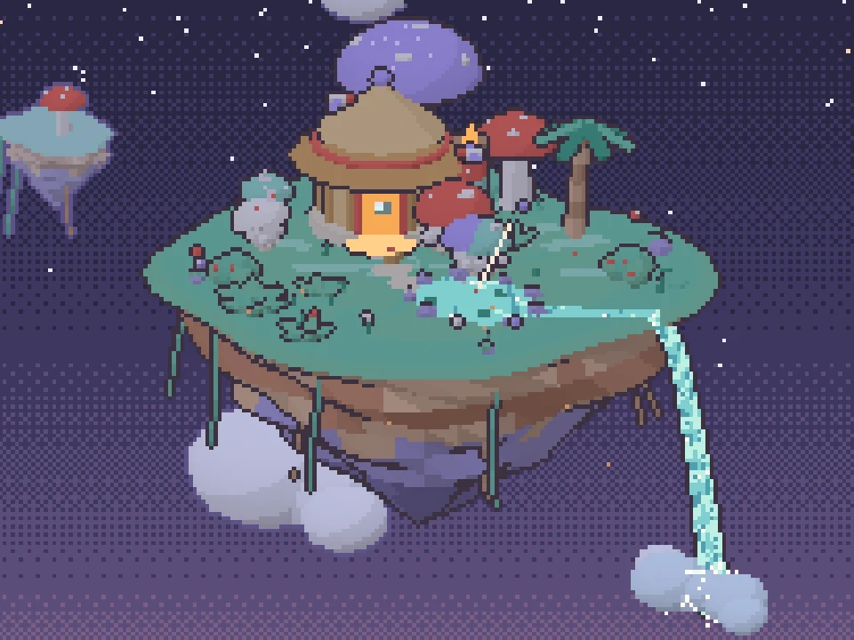 A pixel-art floating island with a waterfall, a tiki hut and little mushroom friends strolling, fishing and napping.